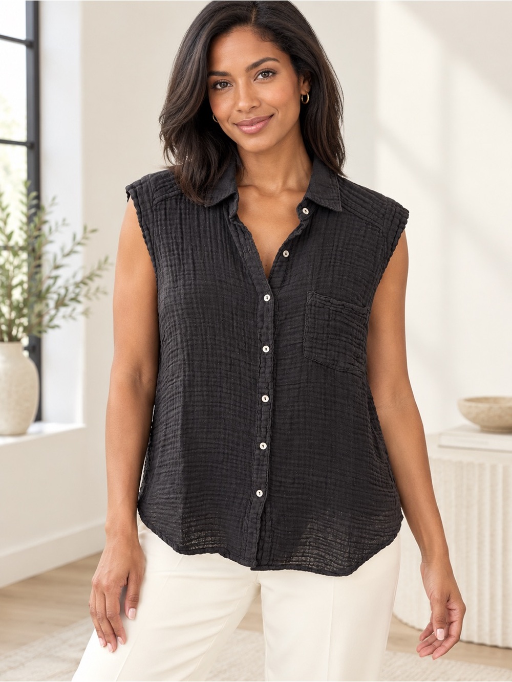 Michael Stars Black Sleeveless Button-Front Gauze Shirt